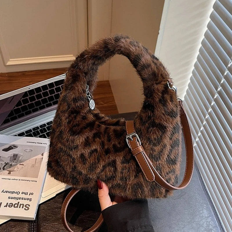 Fluffy Leopard Plush Shoulder Bag