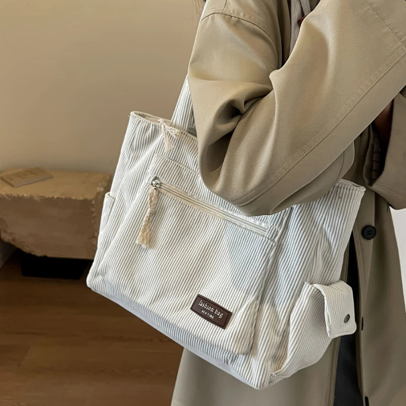 Retro Corduroy Multi-Pocket Tote