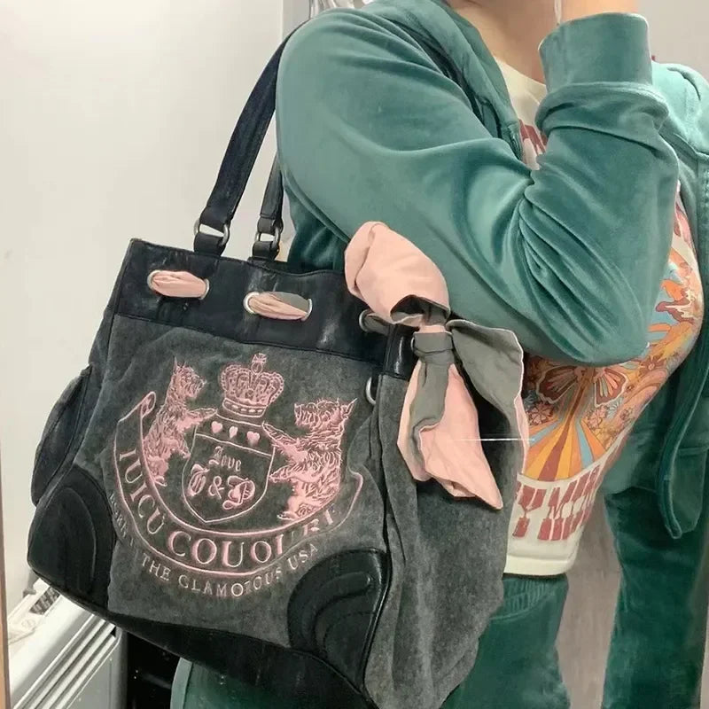Y2K Embroidered Velvet Tote