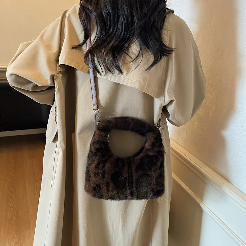 Fluffy Leopard Plush Shoulder Bag