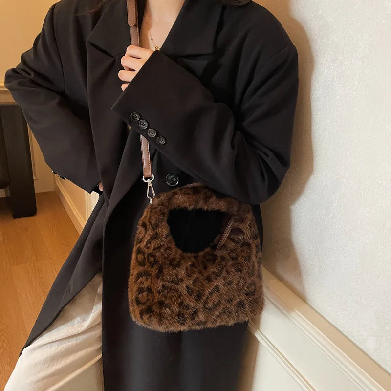 Fluffy Leopard Plush Shoulder Bag