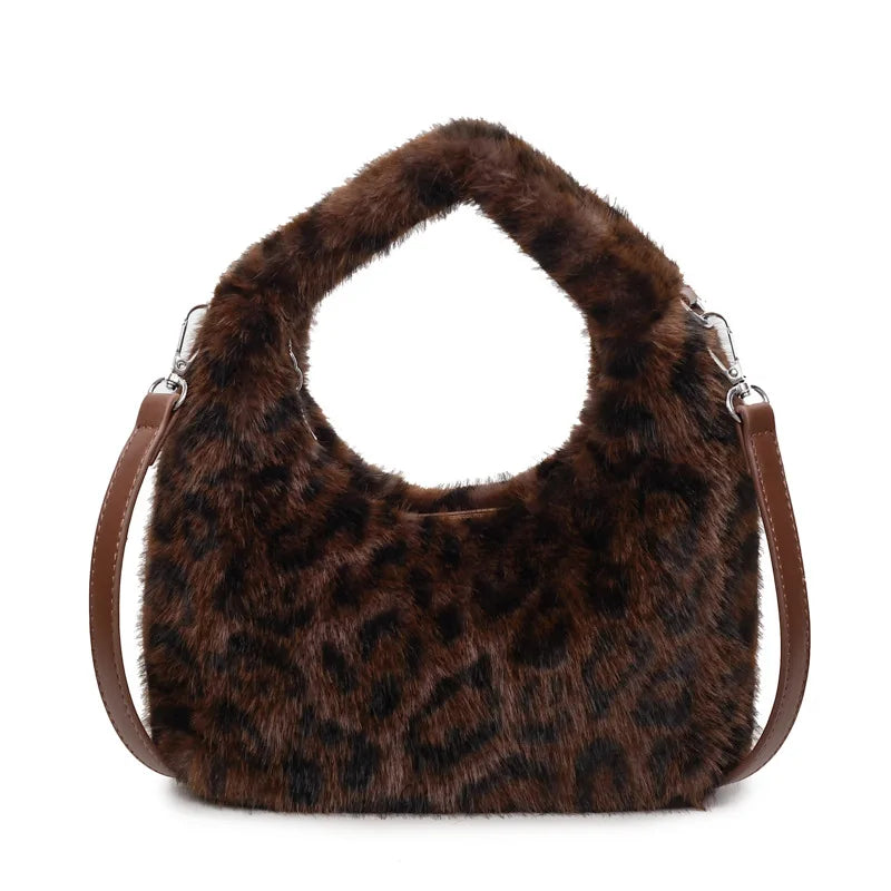 Fluffy Leopard Plush Shoulder Bag
