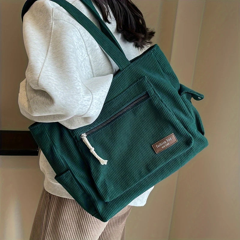 Retro Corduroy Multi-Pocket Tote