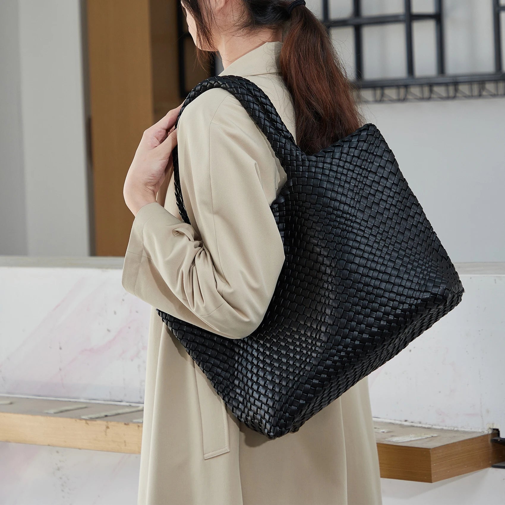 Woven Vegan Leather Beach Tote